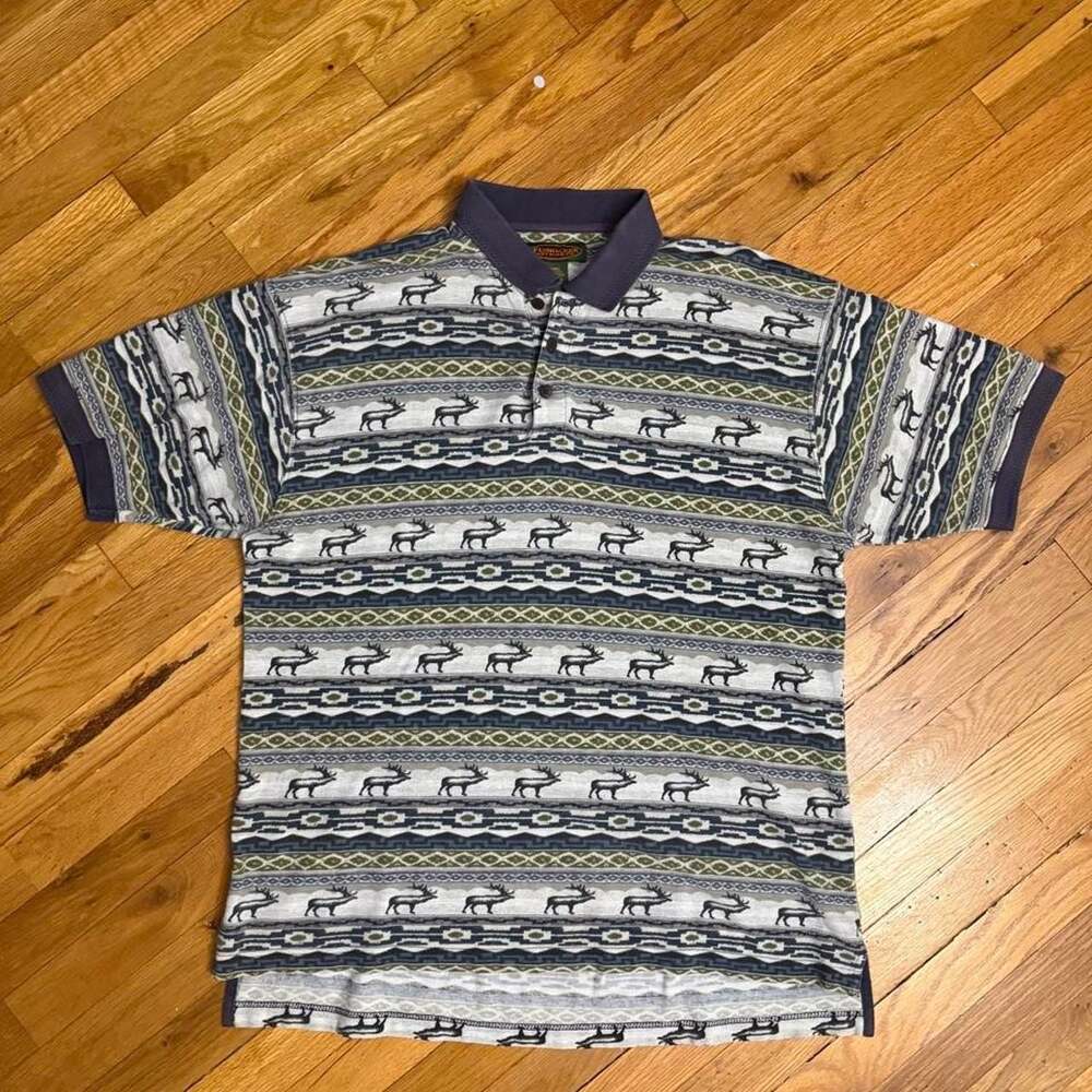 Vintage Flyshacker Clothing Co. Elk Aztec Print Polo Shirt Large